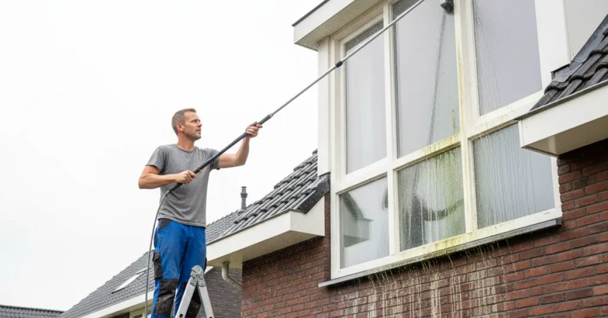 Een glazenwasser staat op een ladder en wast de ramen van een woning met een lange steel.